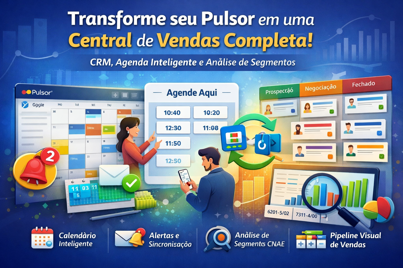 Ilustração mostrando o Pulsor como uma central completa de vendas, com calendário inteligente, agendamento online, alertas de compromissos, sincronização de agenda e pipeline visual de clientes.
