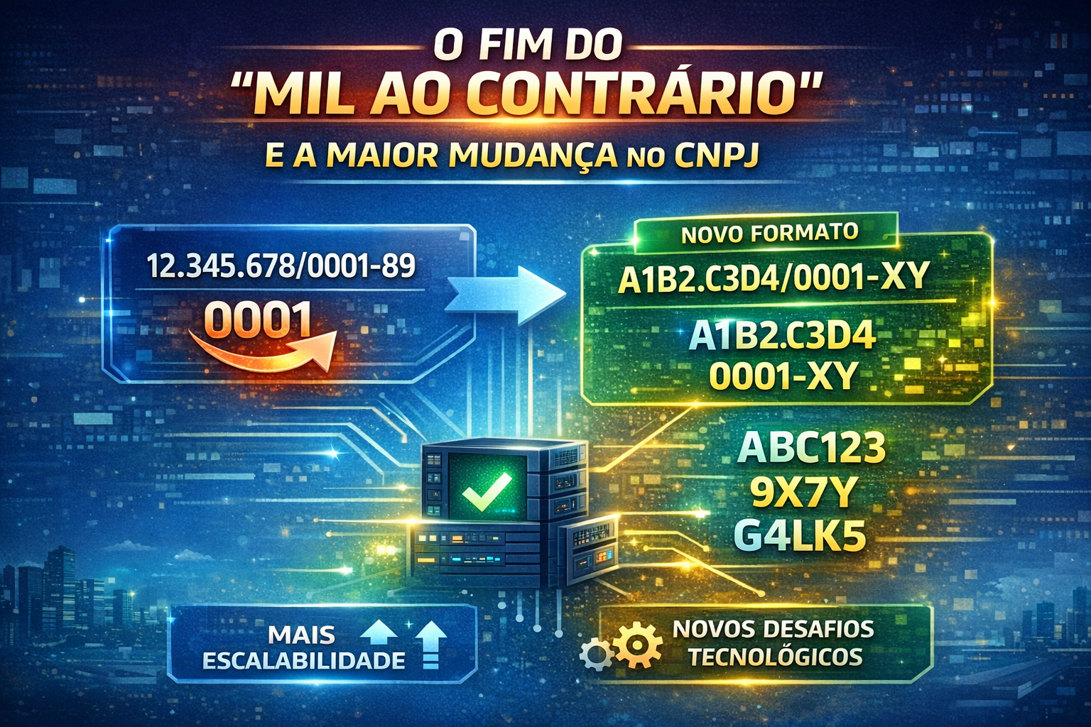 Ilustração sobre a mudança do CNPJ no Brasil, mostrando a transição do modelo numérico tradicional para o novo formato alfanumérico, com destaque para evolução tecnológica e escalabilidade dos sistemas.