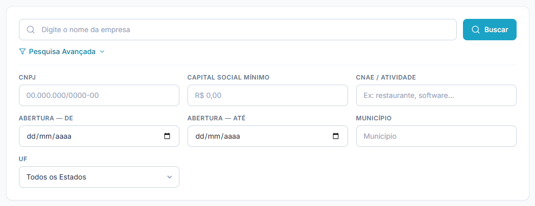 Interface de busca avançada do Pulsor com filtros por CNPJ, capital social mínimo, CNAE/atividade, data de abertura, município e UF