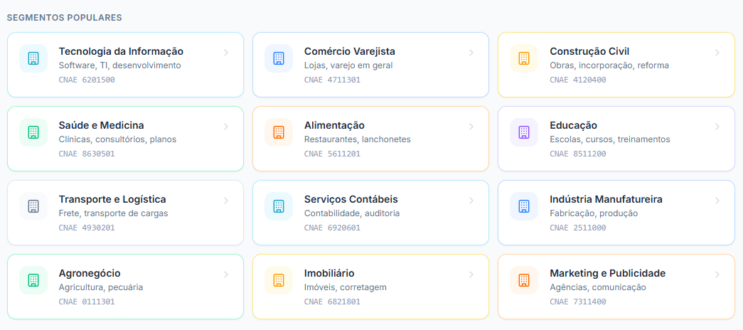 Segmentos populares do Pulsor: Tecnologia da Informação, Comércio Varejista, Construção Civil, Saúde e Medicina, Alimentação, Educação, Transporte e Logística, Serviços Contábeis, Indústria Manufatureira, Agronegócio, Imobiliário, Marketing e Publicidade